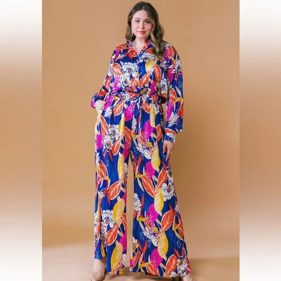 NWT! Plus Luxury Floral Jumpsuit Long Sleeve Elasticized Waist Wide Leg Pockets - Picture 1 of 6